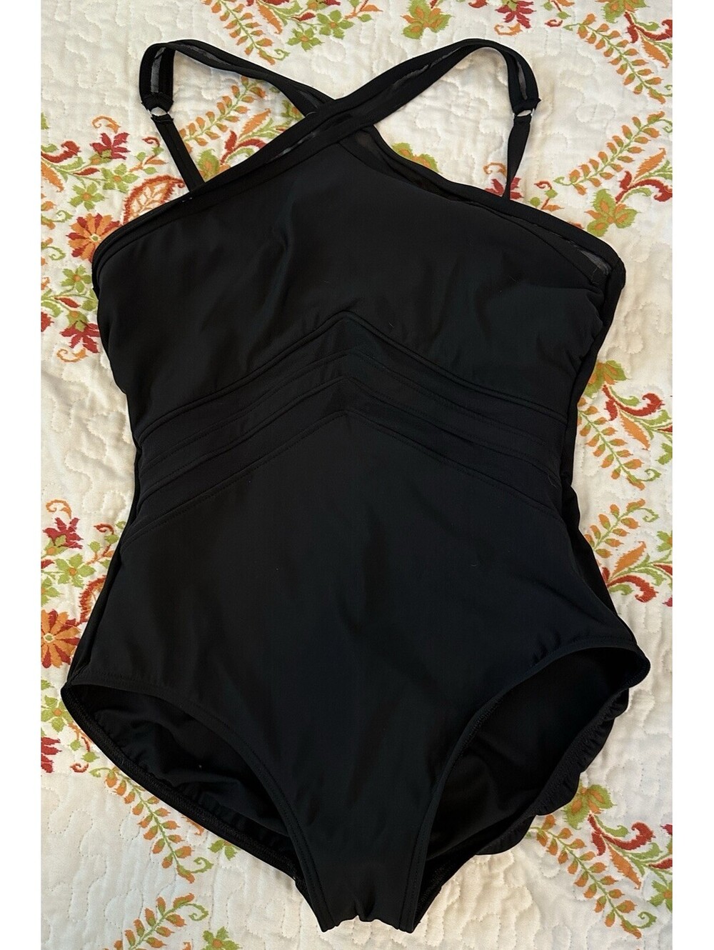 Miraclesuit Classic Black 1pc Halter Slimming Swimsuit Mesh Cutouts 12 EUC.